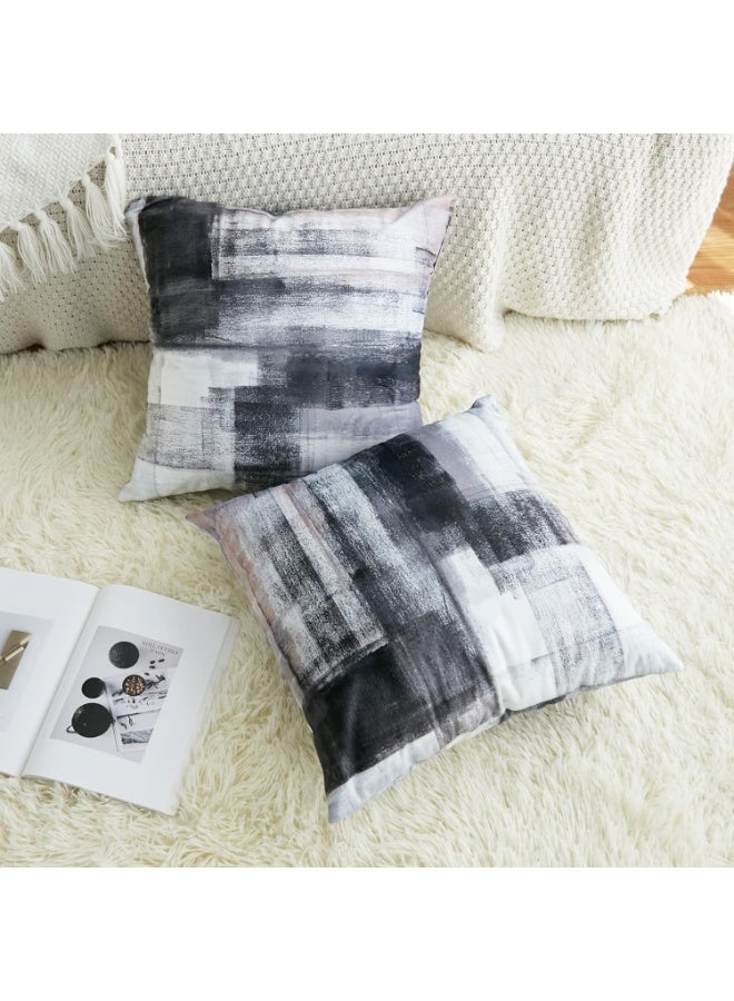 CLENEA 2 Pcs Black & White Velvet Abstract Pillow Covers, Modern Gray Throw Pillowcases, Soft Elegant Decorative Couch Cushions for Bed, Living Room, Outdoor Sofa, 18x18 Inch - Image 4